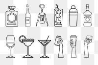 Hand & drink png line art set, transparent background
