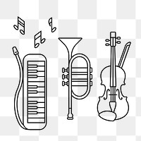 Music instruments png line art, transparent background