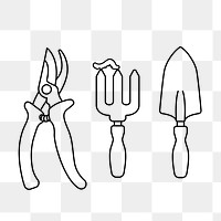 Gardening tools png line art, transparent background