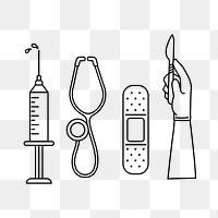 Medical set png line art, transparent background