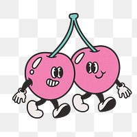 Retro walking cherries png, cartoon illustration, transparent background