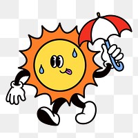 Sun holding umbrella png, weather cartoon character illustration, transparent background