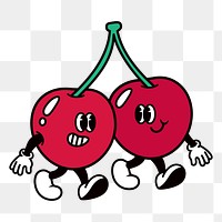 Retro walking cherries png, cartoon illustration, transparent background