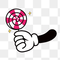 Retro hand holding lollipop png, cartoon illustration, transparent background