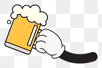 Raised beer glass png, funky cartoon illustration, transparent background