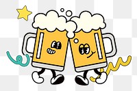 Clinking beer glasses png, funky cartoon illustration, transparent background