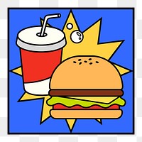 Cute junk food png, burger and soda illustration, transparent background