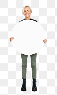 Woman holding sign png, transparent background