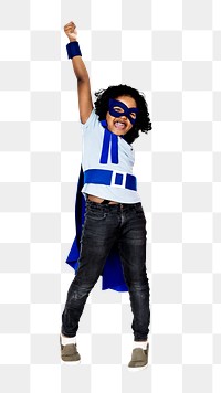 Png black child in superhero costume, transparent background