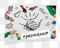 PNG partnership word, business deal doodle remix on paper texture, transparent background