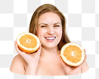 Png blond woman holding two oranges, transparent background