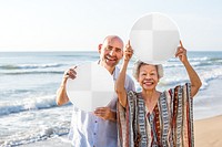 Couple holding signs png mockup, transparent design