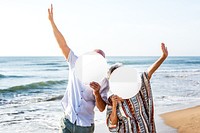 Couple holding signs png mockup, transparent design