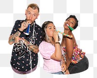 Png three people partying, transparent background