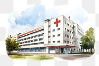 PNG watercolor illustration of hospital on a white paper background, isolated