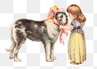 PNG Little girl & dog, vintage illustration, transparent background. Remixed by rawpixel.