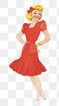 PNG Babs paper doll in outfits with hands on hips,, vintage woman illustration, transparent background. Remixed by rawpixel.