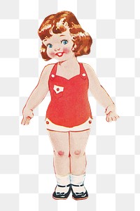 PNG Betty paper doll with head turned to the left, vintage little girl illustration, transparent background. Remixed by rawpixel.