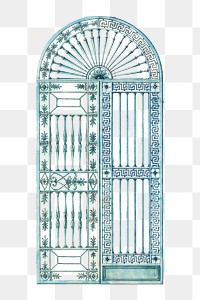 PNG Blue arched iron gate, vintage illustration, transparent background. Remixed by rawpixel.