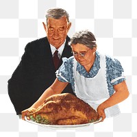 PNG Woman serving turkey, vintage Thanksgiving illustration by Norman Rockwell, transparent background. Remixed by rawpixel.