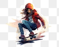 PNG watercolor illustration of woman playing skateboard, urban life isolate illustration on paper --ar 3:2