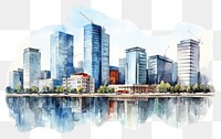 PNG watercolor illustration of a few building of modern city, isolated on a white paper background, isolated --ar 3:2