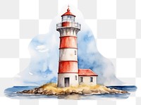 PNG watercolor illustration of pure lighthouse, isolated on a white paper background, isolated