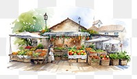 PNG Hand-drawn, watercolor illustration of farmers market, off-white background, 8K