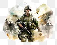 PNG Hand-drawn, watercolor illustration of Solider protecting his troops, off-white background