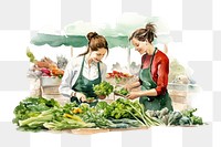 PNG Hand-drawn, watercolor illustration of women buy vegetable at farmers market, off-white background, 8K --ar 3:2