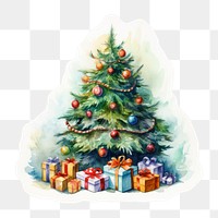 PNG watercolor christmas tree decorated with balls. Gifts under the Christmas tree isolated on a white paper background