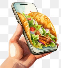 PNG Holding phone food hand. 