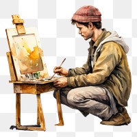 PNG Painting sitting painter canvas. 