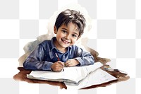 PNG watercolor illustration of a boy, smile, age around 7 years old, Muslim, studying, isolated on a white paper background, isolated