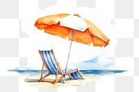 PNG watercolor illustration a summer beach, with a blue deckchair backside under the white-orange beach umbrella, isolated on a white paper background