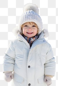 PNG Young child in winter clothing, wearing a white coat and hat, smiling warmly. Child in winter attire, cozy and cheerful, enjoying the cold weather. 