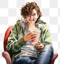 PNG Portrait sitting holding popcorn. 