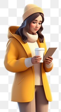 PNG Coat holding reading coffee. 