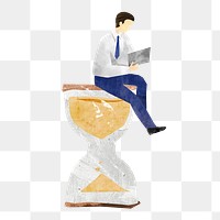 PNG Man sitting on hourglass, business paper collage art, transparent background