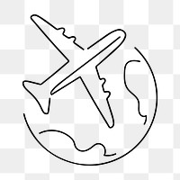 Airplane flying global png, minimal line art illustration, transparent background