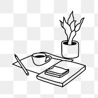 PNG cozy working space doodle illustration, transparent background