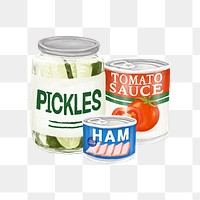 PNG Canned food, pickles, ham, tomato sauce illustration, transparent background