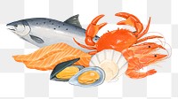 PNG Fresh seafood, salmon, crab & shellfish illustration, transparent background