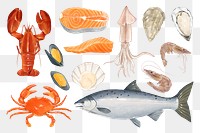 PNG Fresh seafood, food collage element set, transparent background
