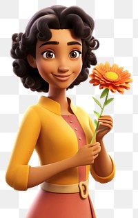 PNG Woman holding marigold flower smiling cartoon. AI generated Image by rawpixel.