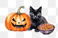 PNG Black cat Halloween, watercolor illustration, transparent background