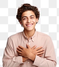 PNG Young smile guy hands touch chest heart thankful grateful hairstyle happiness portrait. 