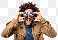 PNG A young handsome man looking through binoculars adult photo white background. 