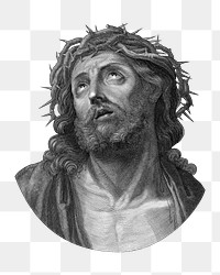 PNG Head of Christ looking up with crown of thorns, vintage Jesus Christ illustration by After Guido Reni, transparent background. Remixed by rawpixel.