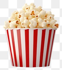 PNG A striped red and white popcorn bucket filled with fluffy popcorn. Popcorn bucket, red and white stripes, fluffy popcorn, cinema snack, popcorn treat. 